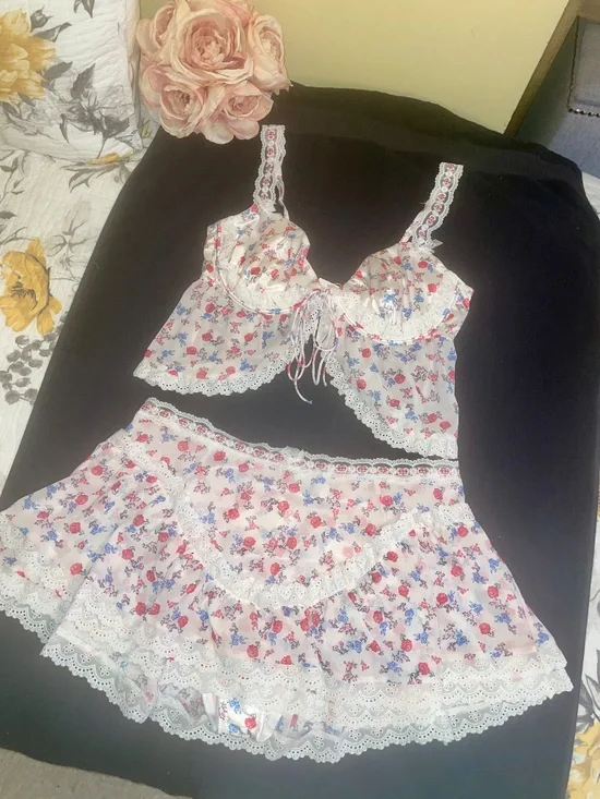 For Love & Lemons Ditsy Day Ruffled Bra Top/Mini Skirt NWT- XL-Red/White/Blue - Picture 7 of 15